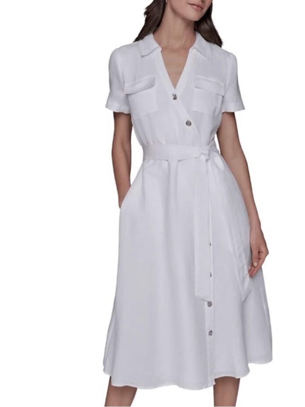 Karl Lagerfeld White Linen Short-Sleeve Dress- Waist Tie & Silver Flower Buttons